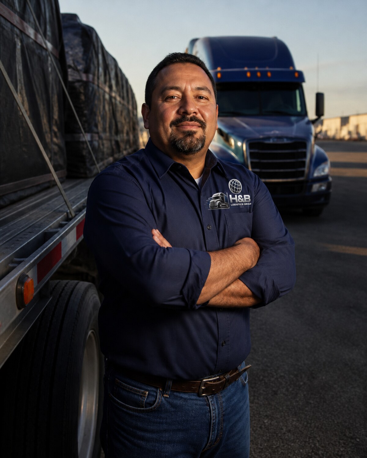 Professional CDL truck driver standing beside a flatbed trailer